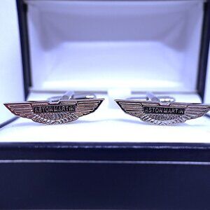 Brand New Chromed & Enameled Aston Martin Emblem Cufflinks with Case, Silver